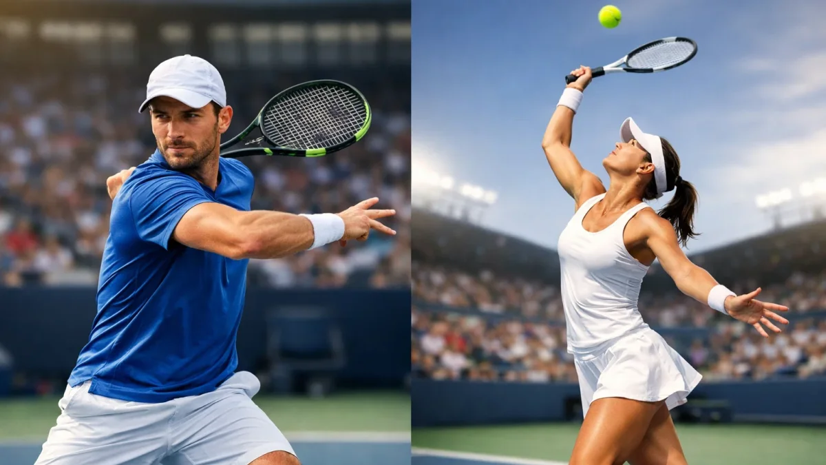 Professionelle Tennisspieler der ATP und WTA Tour in dynamischen Spielpositionen