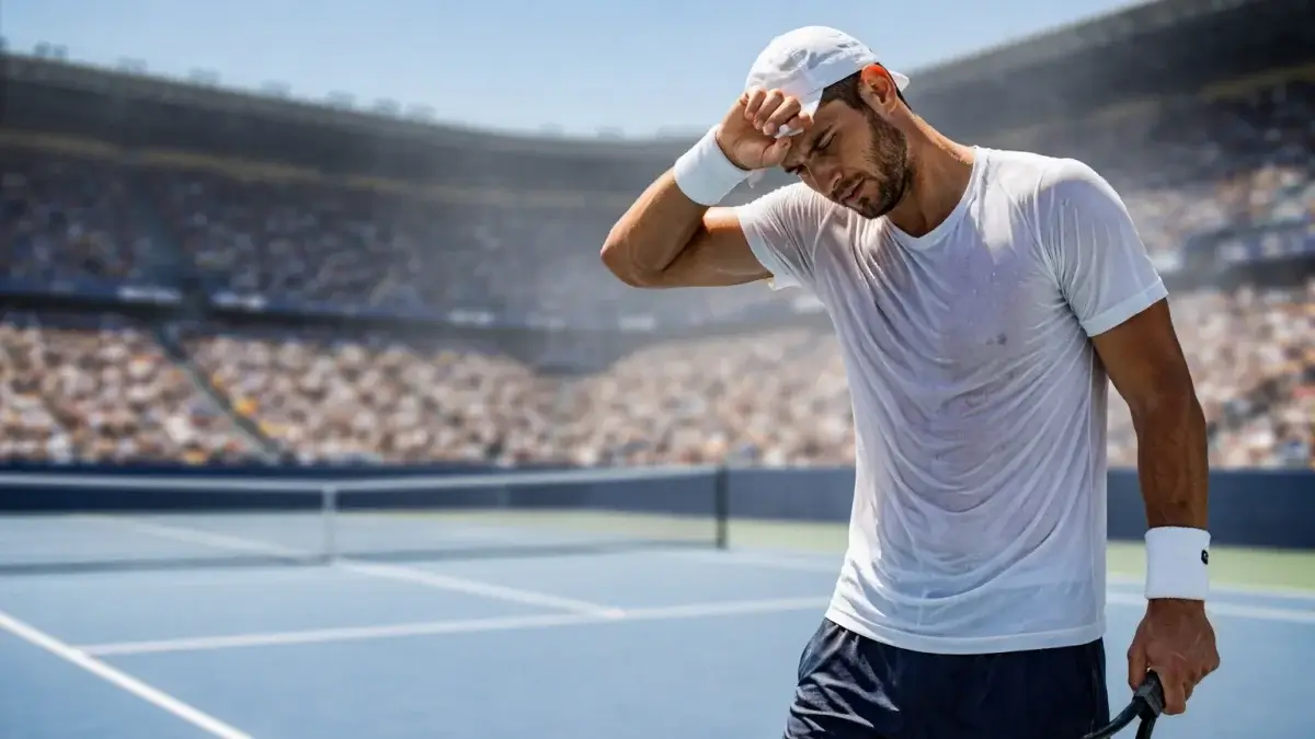 Tennisspieler auf dem Hartplatz der Australian Open unter intensiver Sommersonne