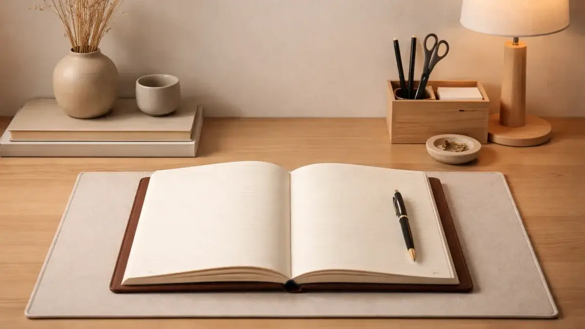 Geordneter Schreibtisch mit Notizbuch, Stift und Taschenrechner fuer Budgetplanung