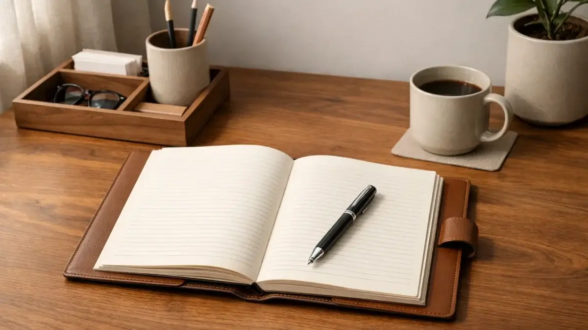 Professioneller Arbeitsplatz mit Notizbuch und Stift fuer strategische Finanzplanung