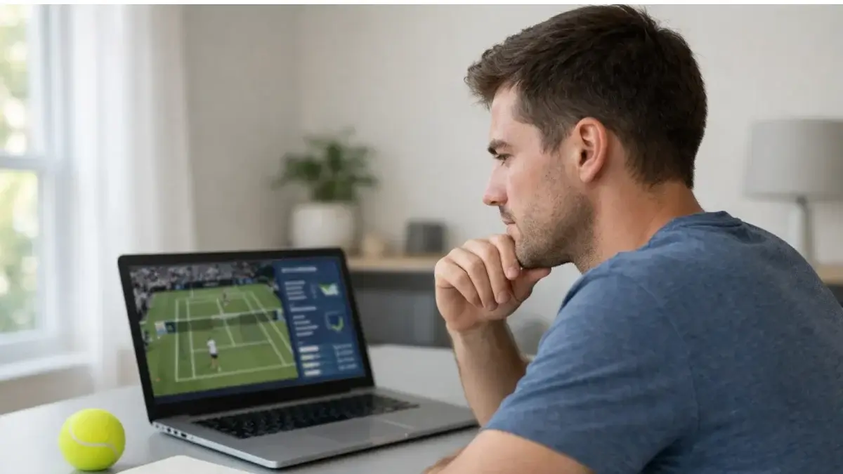 Person am Laptop analysiert ein Tennismatch und bereitet eine Wette vor