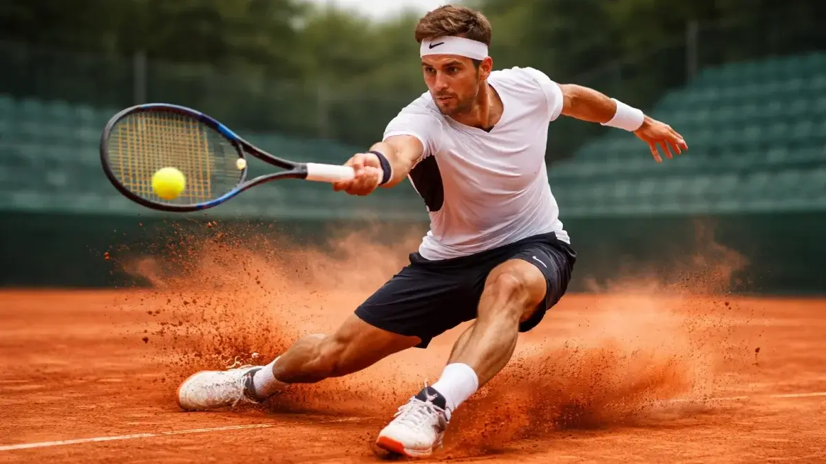 Tennisspieler gleitet auf dem roten Sandplatz von Roland Garros bei den French Open