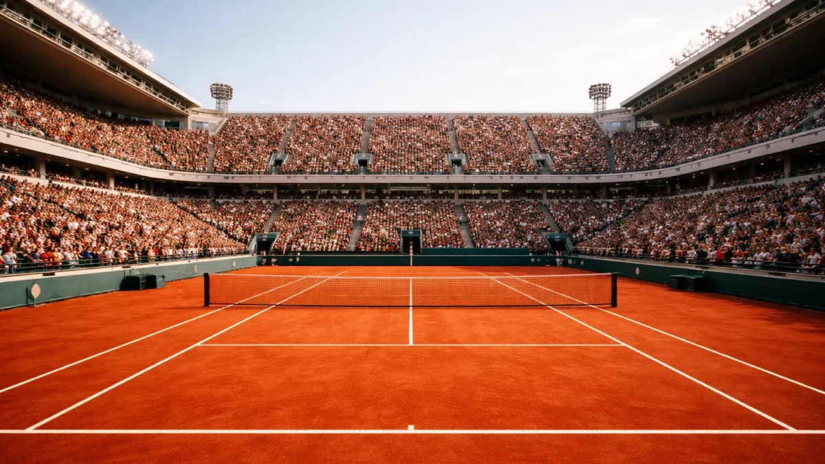 Volles Tennisstadion bei einem Grand Slam Turnier mit Sandplatz und Spielern im Rallye