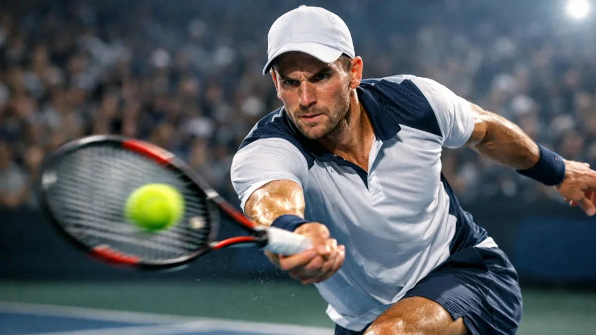 Intensiver Moment eines Tennismatches mit Spieler in dynamischer Rückhand-Position