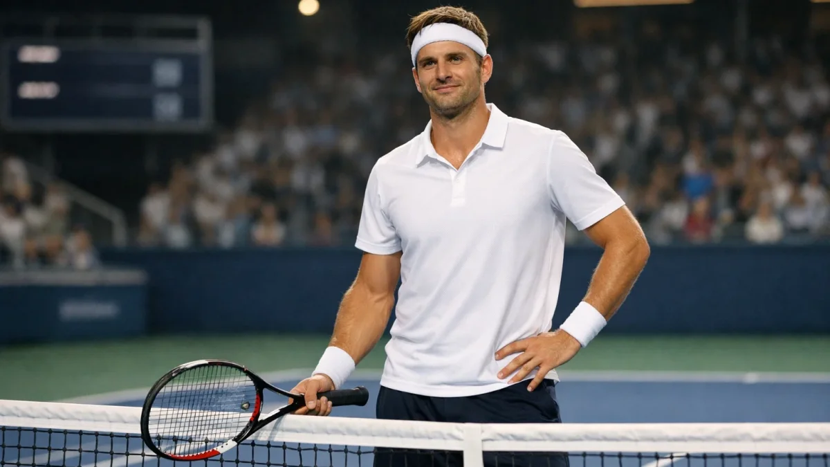Tennisspieler am Netz mit Anzeigetafel im Hintergrund die Spielstand zeigt