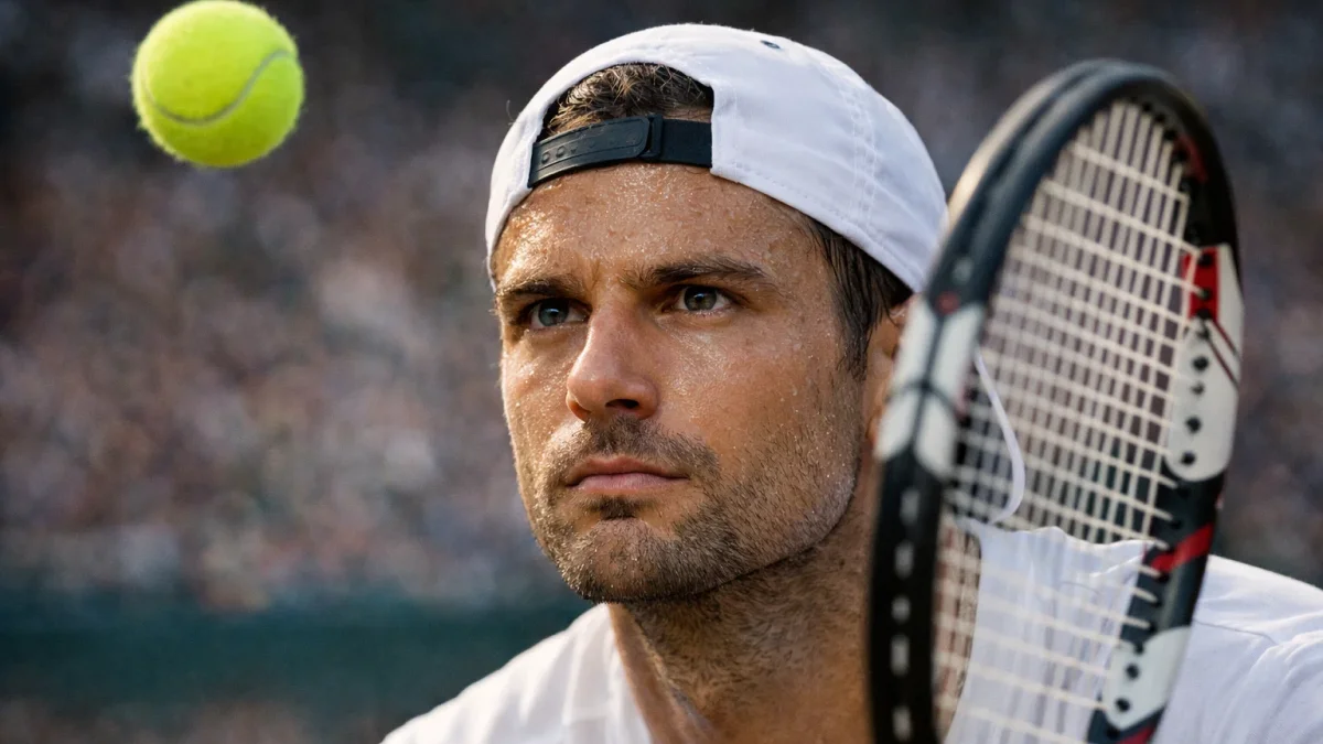 Tennisspieler in tiefer Konzentration vor dem Aufschlag mit fokussiertem Blick