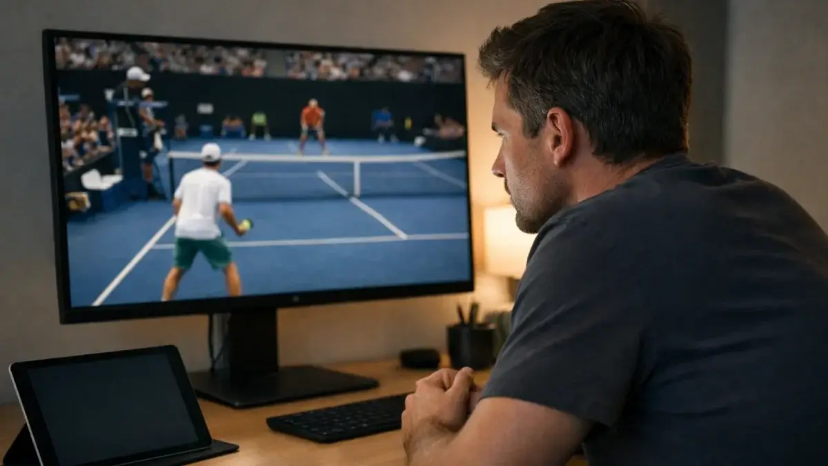 Person verfolgt aufmerksam ein Tennismatch auf dem Bildschirm mit Live-Statistiken