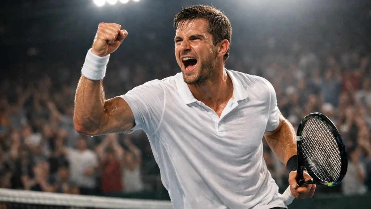 Tennisspieler feiert einen wichtigen Punktgewinn mit emotionaler Geste auf dem Platz