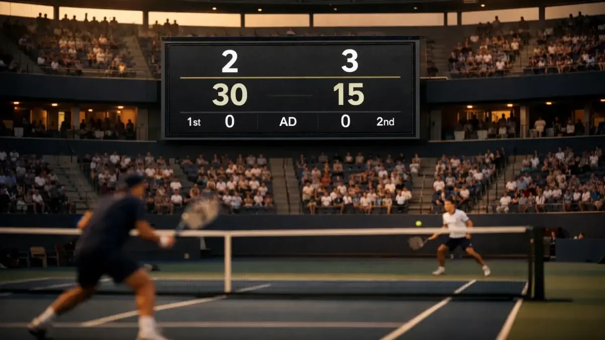 Nahaufnahme einer Tennisanzeigetafel mit Spielstandsanzeige waehrend eines spannenden Matches
