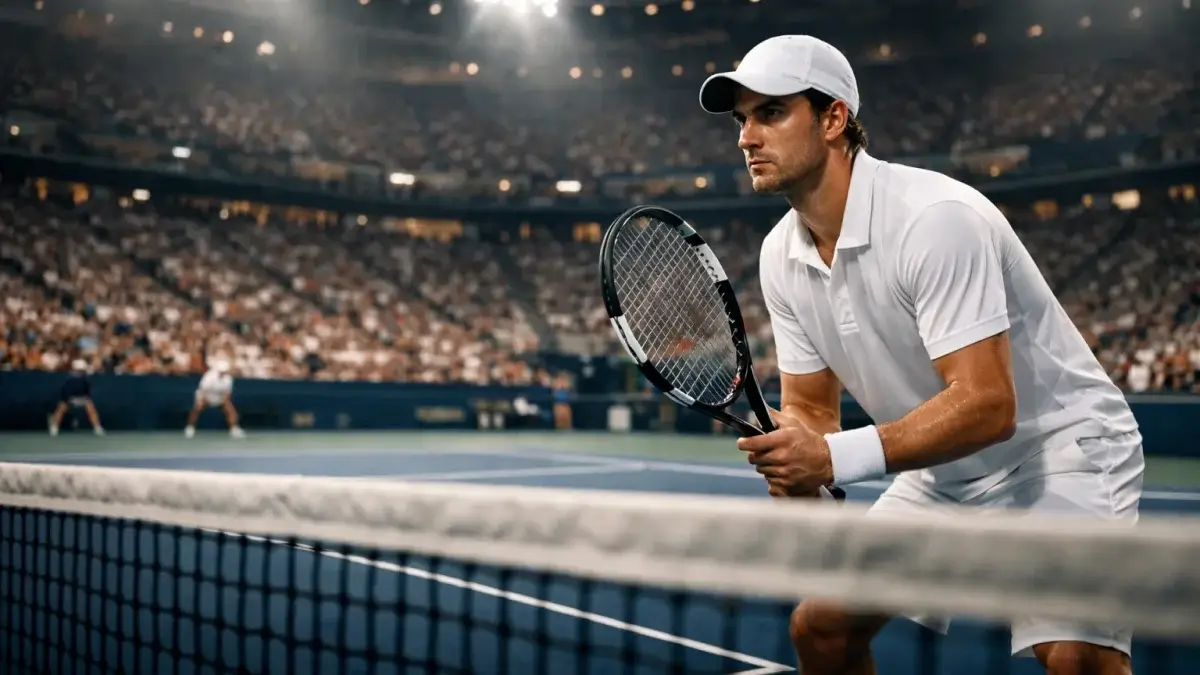 Tennisspieler in konzentrierter Pose vor wichtigem Punkt mit intensivem Blick