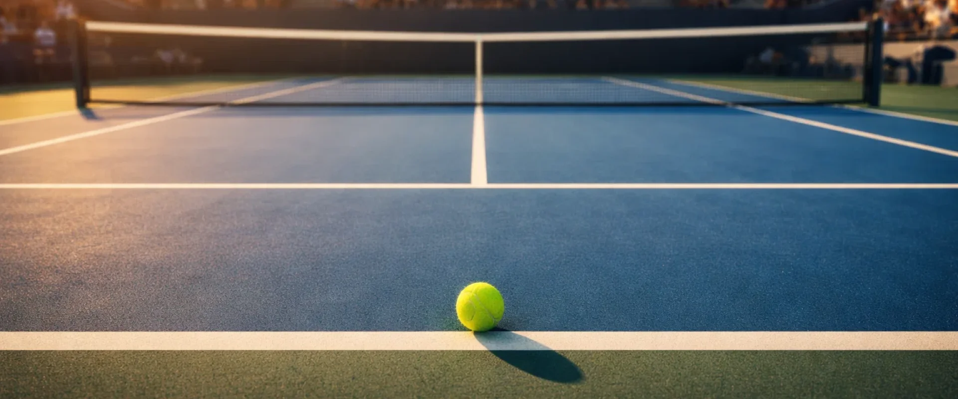 Professioneller Tennisplatz in der goldenen Stunde mit Blick auf das Netz und einen gelben Tennisball