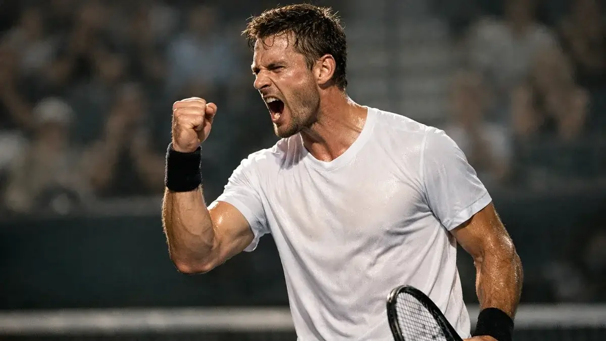 Tennisspieler feiert Satzgewinn mit geballter Faust auf dem Platz
