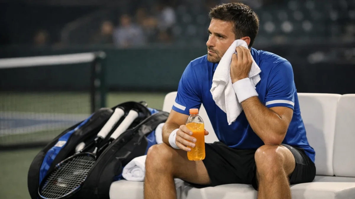 Tennisspieler beim Seitenwechsel auf der Bank mit Handtuch und Getraenk