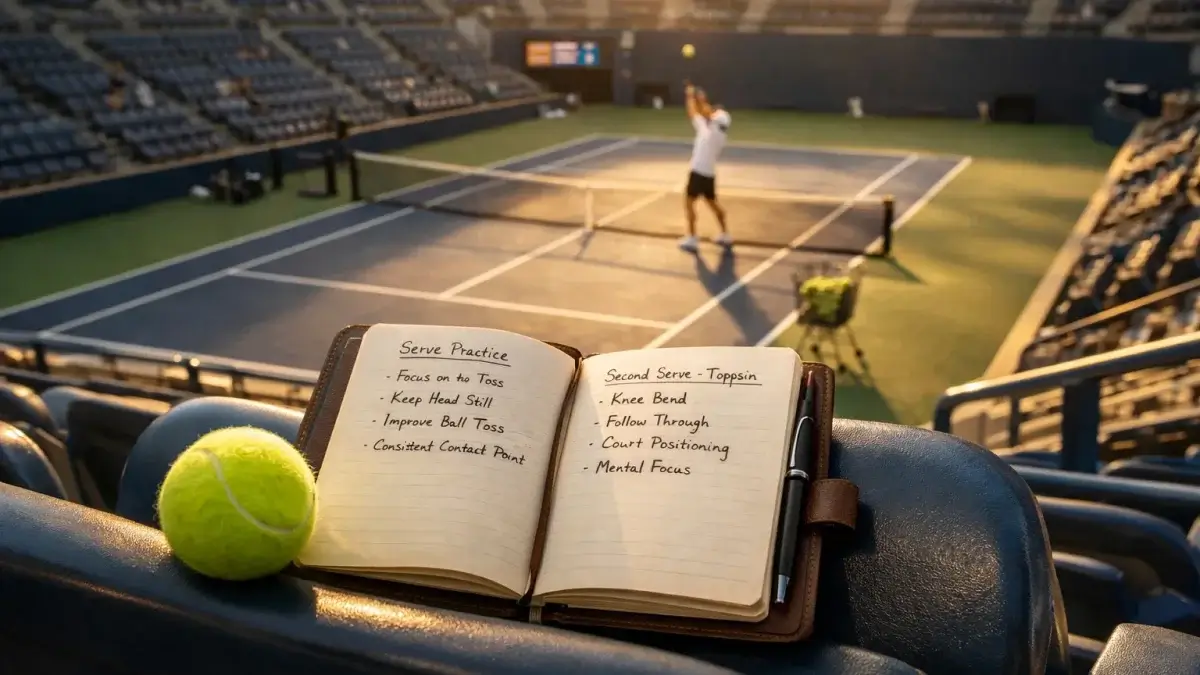 Tennisplatz aus der Perspektive eines fokussierten Beobachters mit Notizbuch