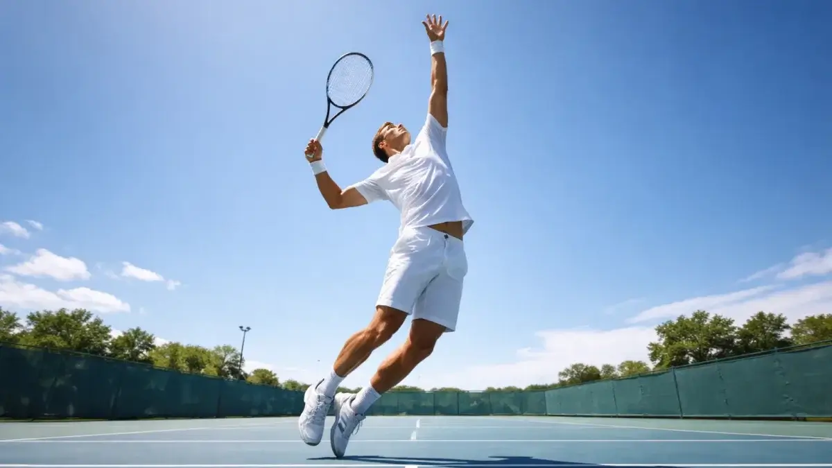 Tennisspieler im kraftvollen Aufschlag mit fliegendem Ball gegen blauen Himmel