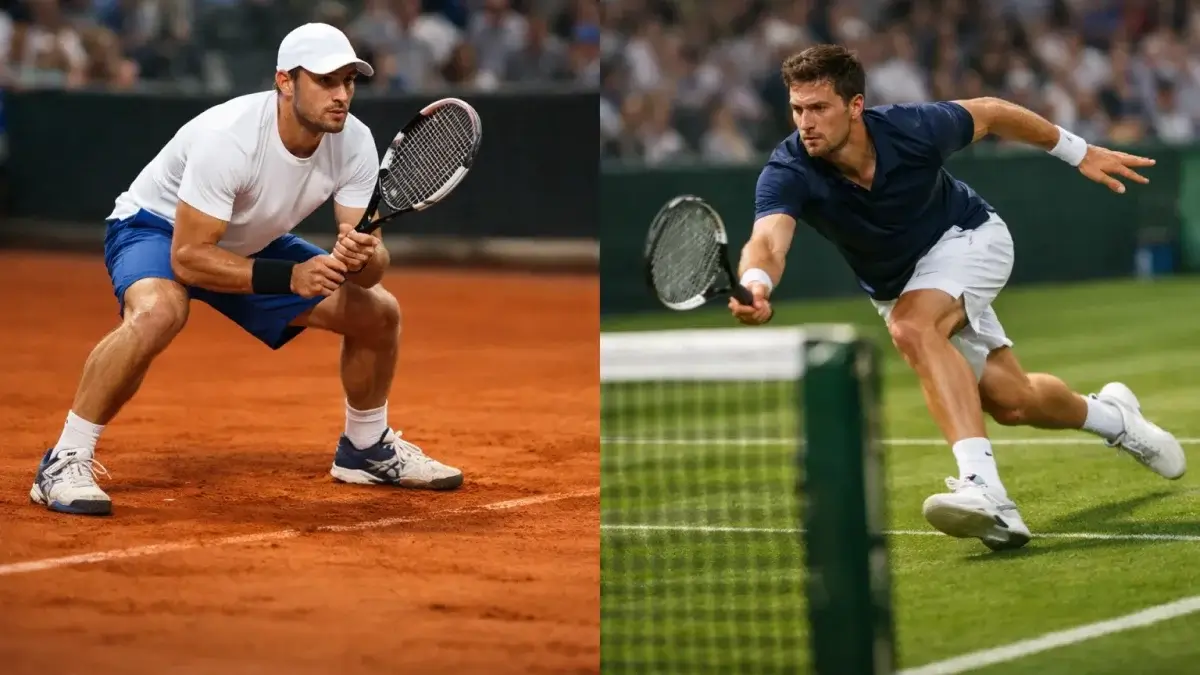 Zwei Tennisspieler mit unterschiedlichen Spielstilen auf verschiedenen Plaetzen