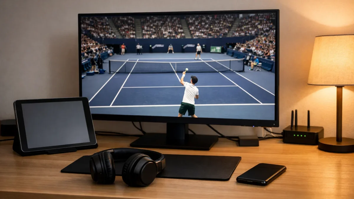 Modernes Setup mit mehreren Bildschirmen fuer Tennis-Livestreaming und Analyse