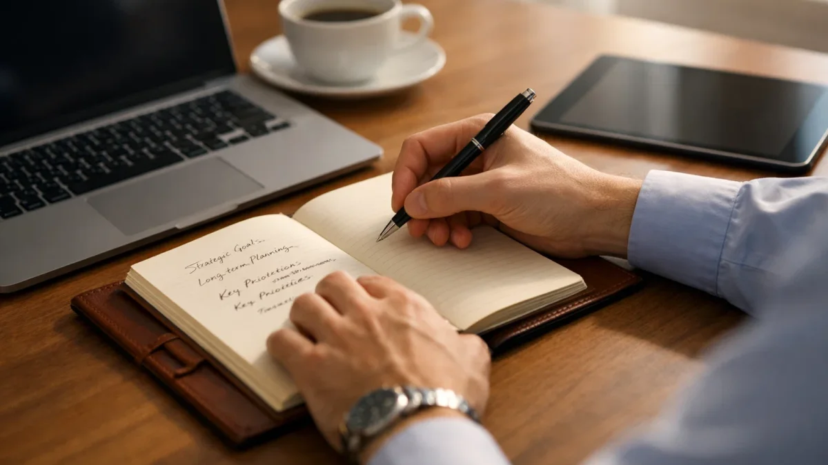 Professioneller Arbeitsplatz mit Notizbuch und Laptop für strategische Wettplanung