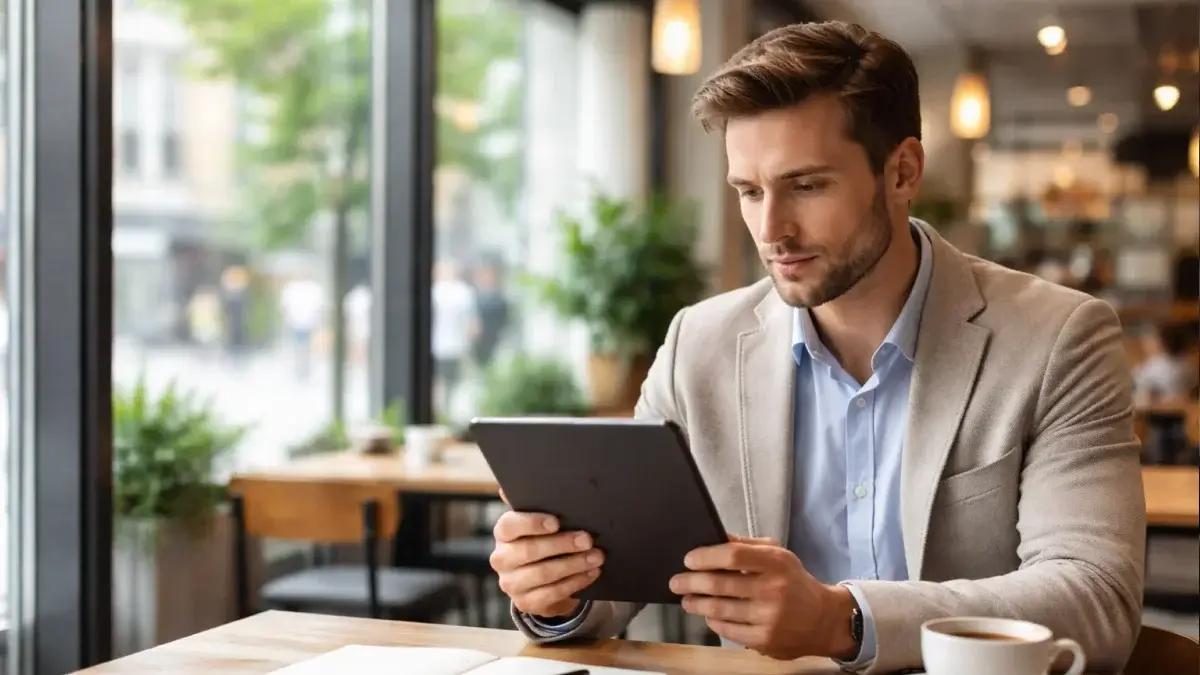 Person studiert Tennisstatistiken auf Tablet mit Notizen und Kaffeetasse auf dem Tisch