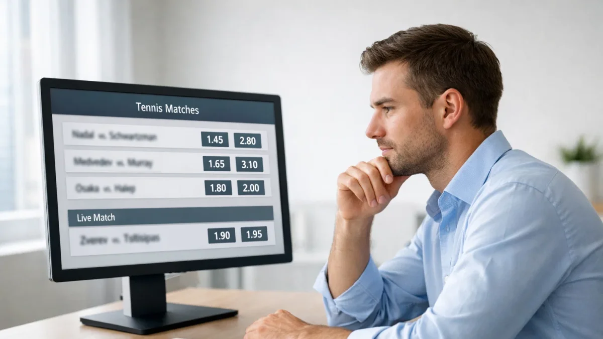 Mann analysiert Tennis Wettquoten am Computer-Bildschirm