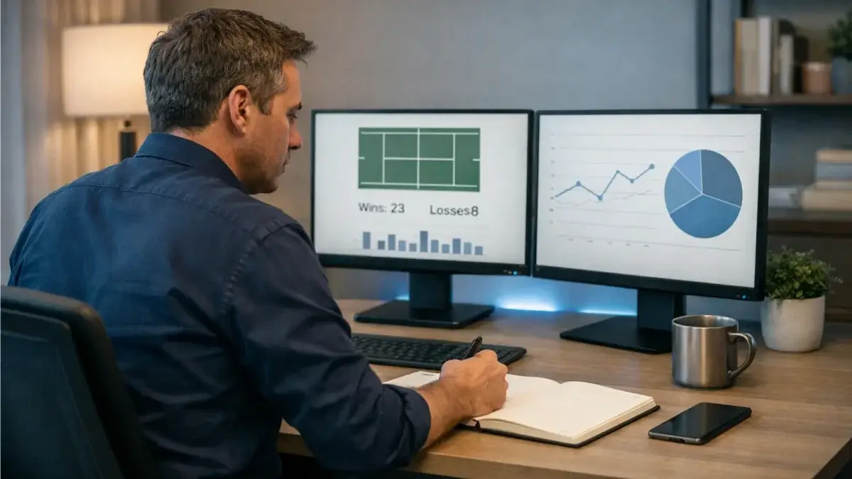 Analyst am Schreibtisch mit mehreren Monitoren und Tennisstatistiken