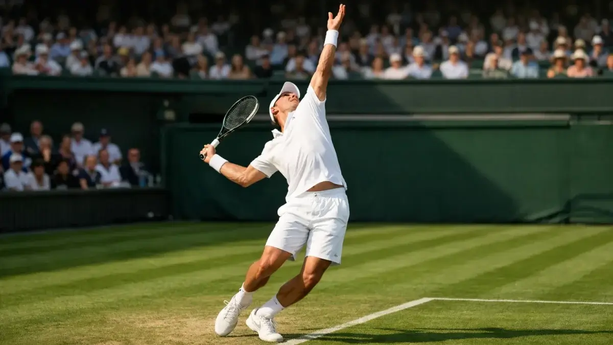 Tennisspieler in weisser Kleidung auf dem traditionellen Rasenplatz von Wimbledon